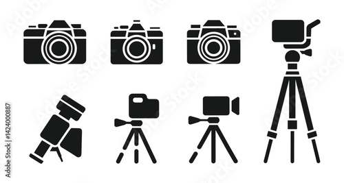 Camera and Tripod Silhouette Vector Icon Set  Photography Equipment Clipart for Designers