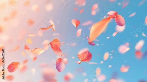 Dreamy illustration of flower petals floating in the sky