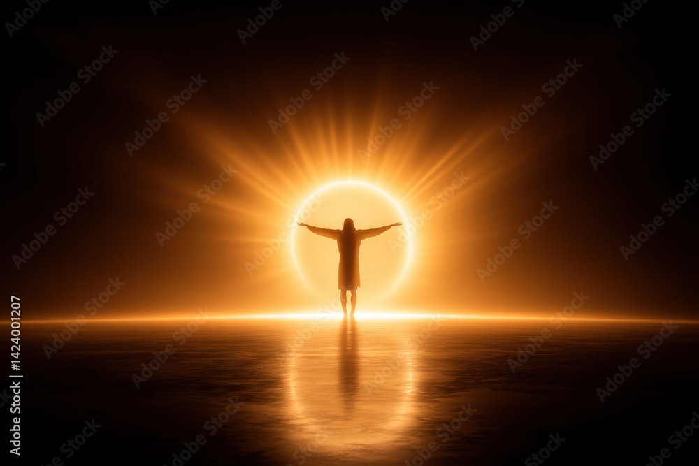 serene figure stands in front of radiant sun, symbolizing hope and enlightenment serene figure stands in front of radiant sun, symbolizing hope and enlightenment