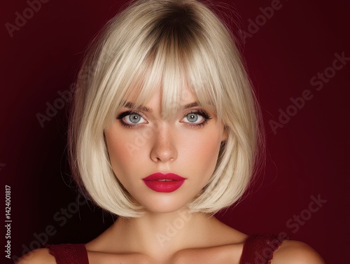 Beautiful model girl with short straight hair blonde Bob hairstyle. Fashion, cosmetics and makeup for Product advertising concepts