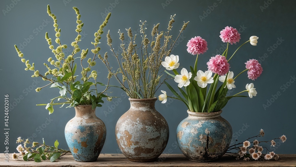 Fototapeta premium Rustic vases cradle wild spring and morning hums in reply