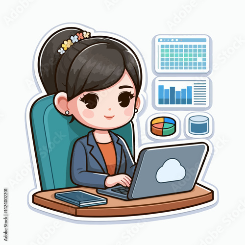 A stylized cartoon depiction of a businesswoman working on a computer, surrounded by data visualizations.