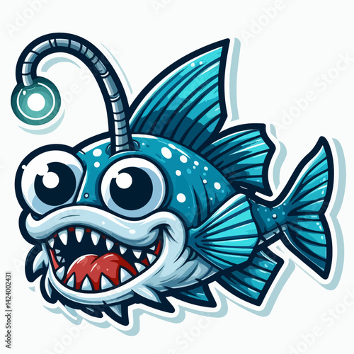 A cartoonish, smiling deep-sea anglerfish with a glowing antenna.