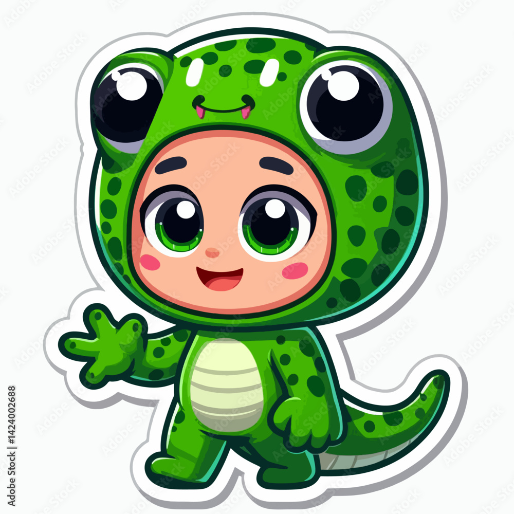 Obraz premium A cartoon child character wearing a green lizard costume, waving hello.