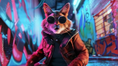 Stylish animated cat in sunglasses and jacket dances joyfully in vibrant urban alley adorned with colorful graffiti, creating lively scene.