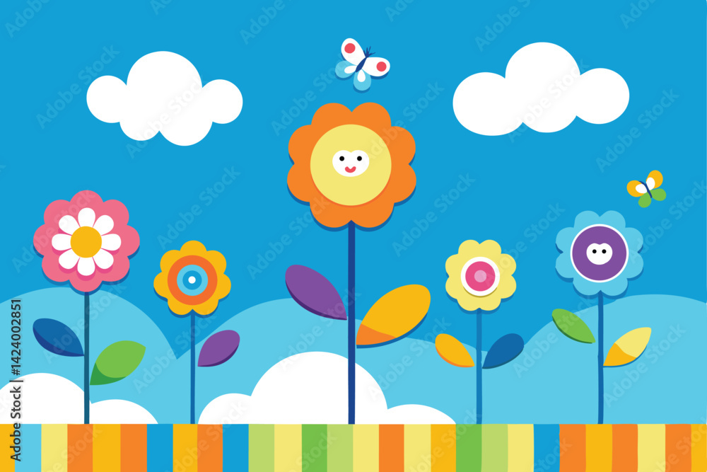 Fototapeta premium Cheerful Cartoon Landscape with Flowers, Butterfly and Clouds on Blue Background
