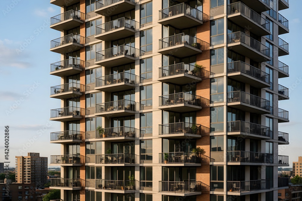 A modern apartment building with multiple balconies, showcasing contemporary architectural design and urban living A modern apartment building with multiple balconies, showcasing contemporary architectural design and urban living