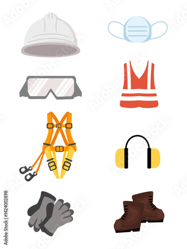 Personal protective equipment (PPE) icons for workplace safety, including helmet, gloves, boots, and more. Vector illustration isolated on a white background.