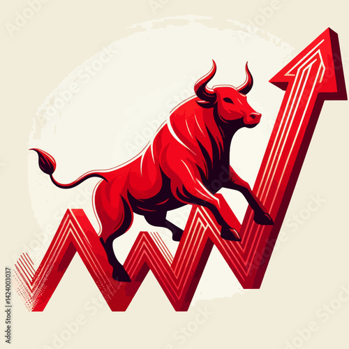 A stylized illustration of a bull figure over a rising stock market graph, symbolizing positive market trends and financial growth.