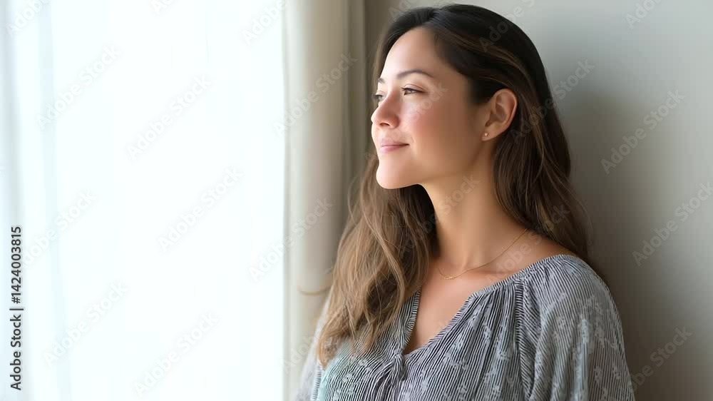 Expectant mother radiates joy in a sunlit, tranquil space. Expectant mother radiates joy in a sunlit, tranquil space.