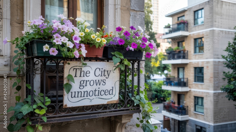 Balcony with colorful flowers and a sign reading