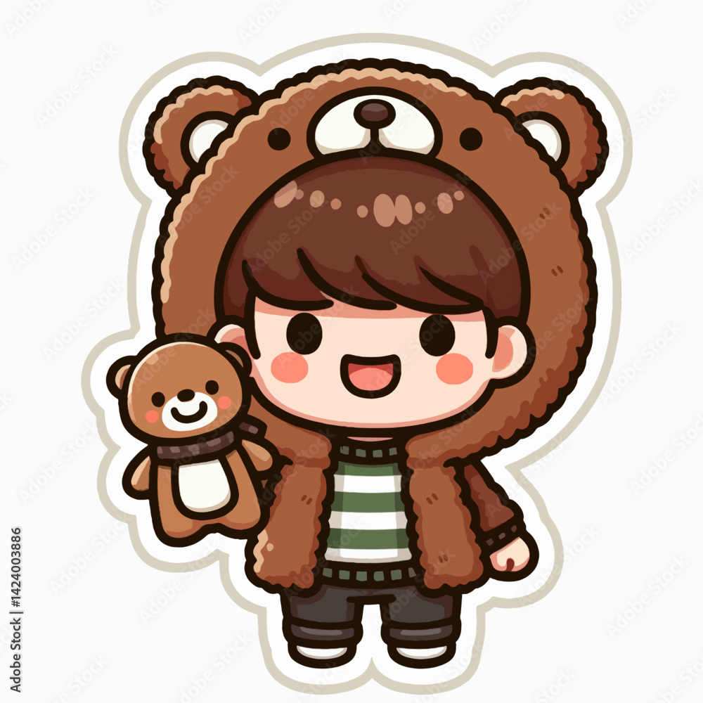 A cheerful cartoon boy dressed in a brown bear costume, holding a smaller teddy bear, representing a playful and endearing scene. A cheerful cartoon boy dressed in a brown bear costume, holding a smaller teddy bear, representing a playful and endearing scene.