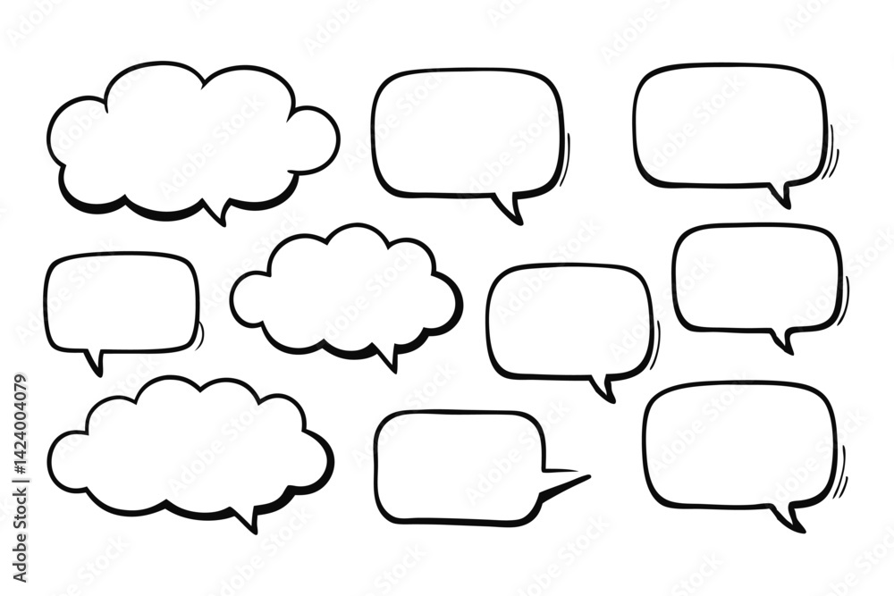 Collection of Hand Drawn Speech Bubbles with Black Outline on White Background Collection of Hand Drawn Speech Bubbles with Black Outline on White Background