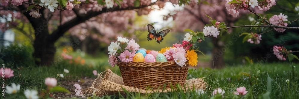 Wicker basket with colorful Easter eggs and spring flowers under blooming cherry trees in a garden setting