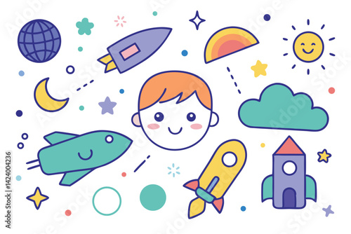 Colorful Cartoon Boy Surrounded by Rockets, Clouds, Sun, Stars on White Space