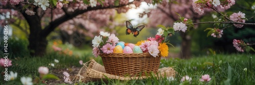 Obraz na płótnie Wicker basket with colorful Easter eggs and spring flowers under blooming cherry trees in a garden setting w salonie