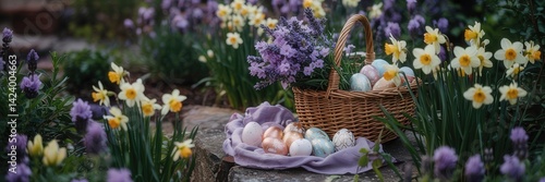 Easter basket with colorful eggs and lavender flowers surrounded by blooming daffodils in a spring garden setting