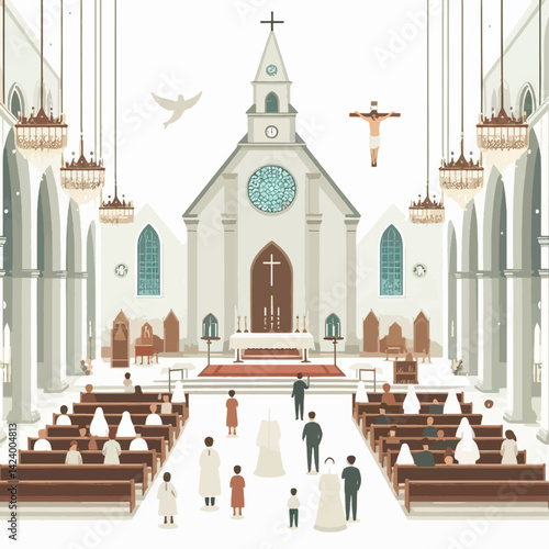 A vibrant illustration of a church interior, showcasing a religious ceremony with congregants.
