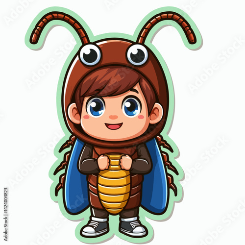 A cartoon boy wearing a cockroach costume, displaying a cheerful expression.