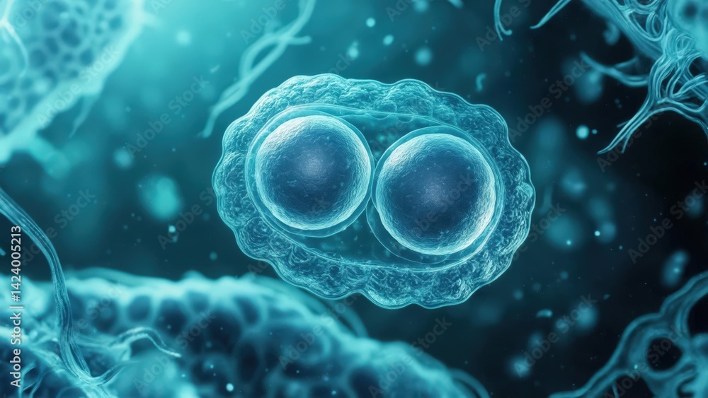 Microscopic view of stem cell division process showing two nuclei in a blue-toned biological environment