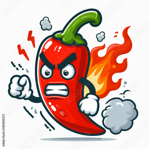 A cartoon chili pepper, depicted as angry and emitting flames, conveying a sense of intense heat and spice.