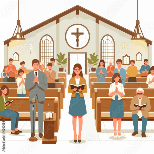 A diverse group of people are gathered within a church, engaged in a religious service.