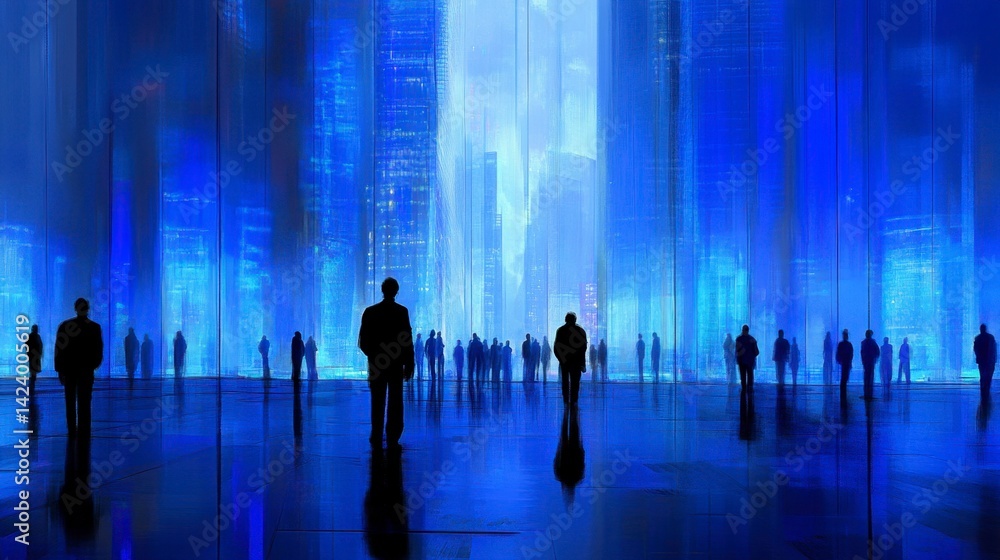 Silhouetted figures stand on a reflective surface, gazing at a towering futuristic cityscape bathed in blue light. Silhouetted figures stand on a reflective surface, gazing at a towering futuristic cityscape bathed in blue light.