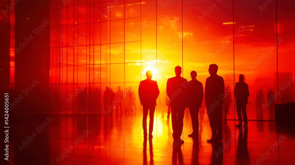 Fototapeta premium Silhouetted figures stand in a large hall, bathed in the warm, orange glow of a dramatic sunset.