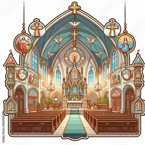 A colorful illustration of a beautiful church's interior, featuring stained glass, religious symbols, and pews.