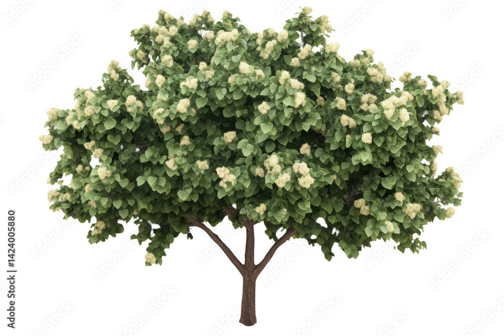 Obraz premium realistic tree with lush green leaves and clusters of white flowers, symbolizing nature beauty and tranquility. This vibrant tree adds refreshing touch to any landscape