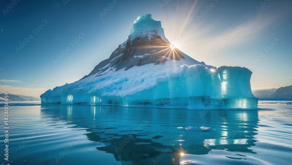 Majestic iceberg reflecting in calm Arctic waters under a clear blue sky with sunlight peeking through the ice