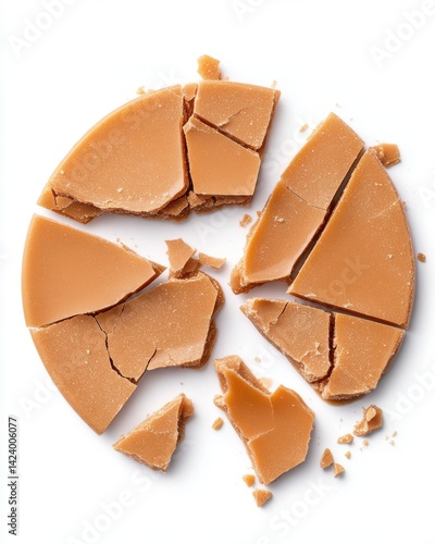 A shattered golden caramel candy disc isolated on a pure white background shows delicious broken pieces of sweet confectionery treat perfect for food blogs and packaging design.