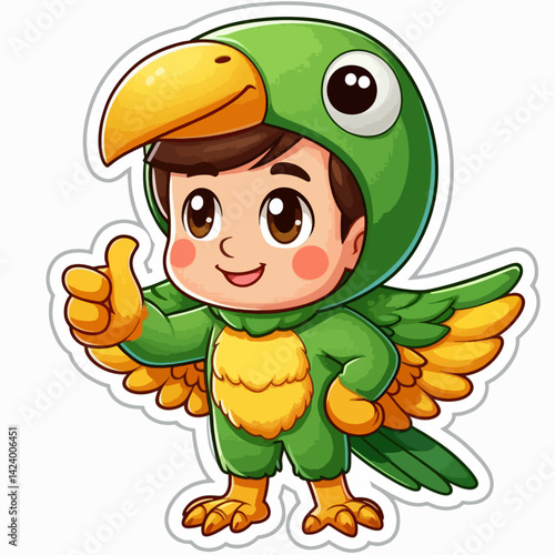 A cartoon child, dressed as a parrot,  making a positive gesture.