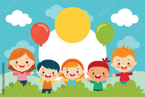 Diverse Smiling Cartoon Children Waving Hands with Balloons Under Sunny Sky
