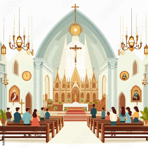 A colorful illustration of a church's interior, showing people in pews, an altar, and religious decorations.