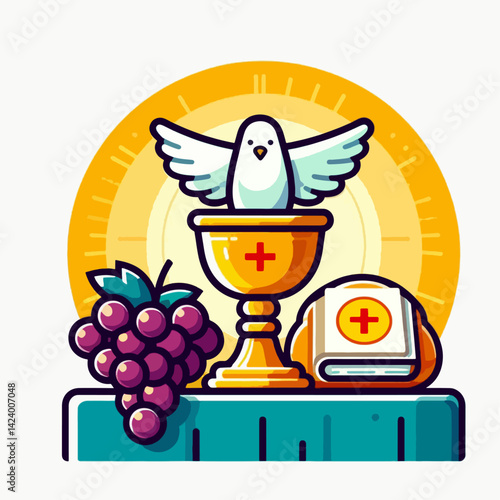 A stylized illustration of a golden chalice, grapes, bread, and a dove, representing the Eucharist.