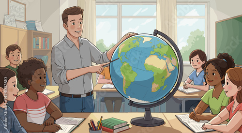 Teacher explaining geography to students in a classroom setting  