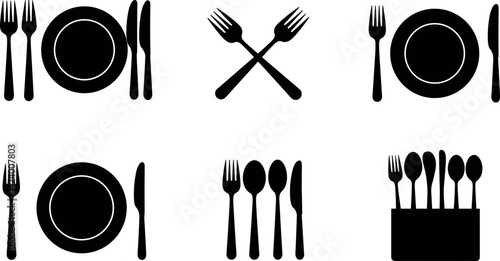 Fork, knife, plate and spoon. Menu symbol. Restaurant icon. Food, plate, fork, knife, spoon, cutlery icon set