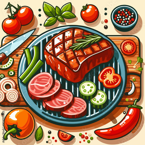 A vibrant illustration of a grilled steak with various fresh vegetables and spices on a wooden cutting board, set against a light beige backdrop, showcasing a healthy and appetizing meal.