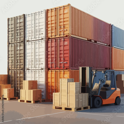 A forklift stands ready to load or unload containers and wooden crates, in a busy port or warehouse environment.