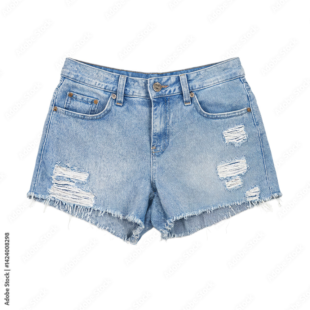 Isolated light wash distressed denim cutoff shorts on white background