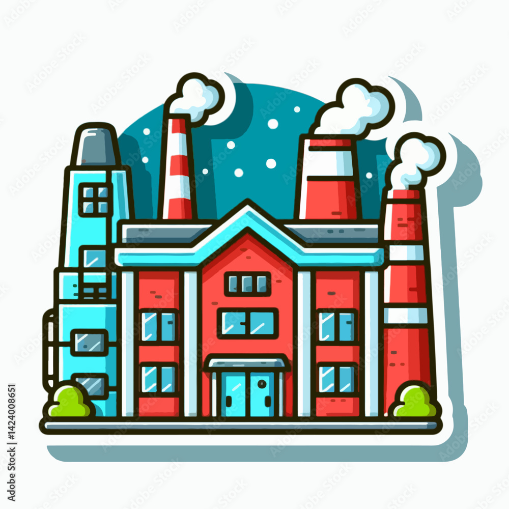 Naklejka premium A stylized illustration of a factory at night, with multiple buildings and smokestacks, presented in a cartoonish manner.