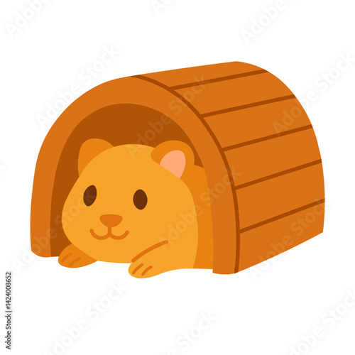 Cute hamster hiding in small wooden house. Cartoon flat style, pastel colors, isolated clipart.