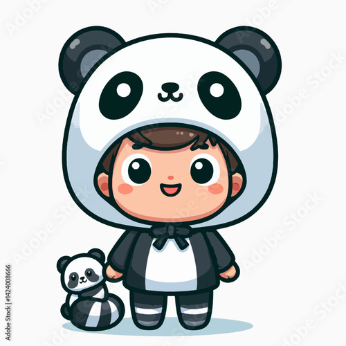 A cheerful cartoon boy wearing a panda costume and standing next to a smaller panda friend. photo