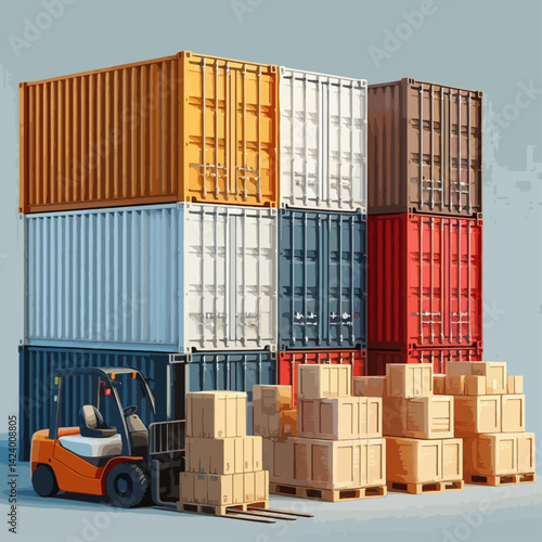 Multi-colored shipping containers stacked high, with a forklift and wooden cargo boxes, suggesting international transport and logistics.