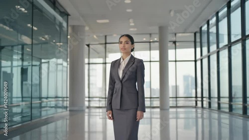 Wallpaper Mural Young woman standing in a large open corporate lobby with windows overlooking a modern city landscape in business attire. Torontodigital.ca