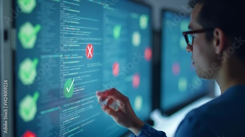 A person interacts with a large display showcasing code, highlighting successful processes and debugging errors in real-time