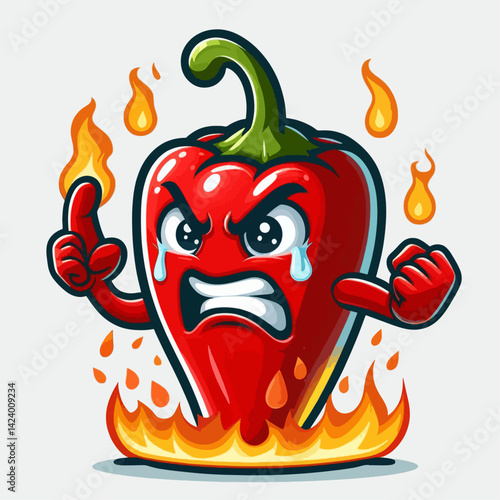 A cartoon chili pepper character with an angry expression, crying tears, and standing in flames, portraying intense heat and spiciness.