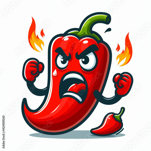 A cartoon chili pepper character with an angry expression and fiery flames, displaying intense emotions.