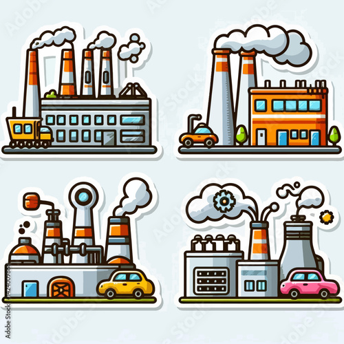 Four stylized cartoon depictions of factories with varying colors and features, emitting smoke, and showing simple machinery and transportation.